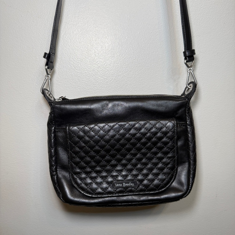 Vera Bradley Black Quilted Leather Crossbody Bag Small Zip Top Floral Lining